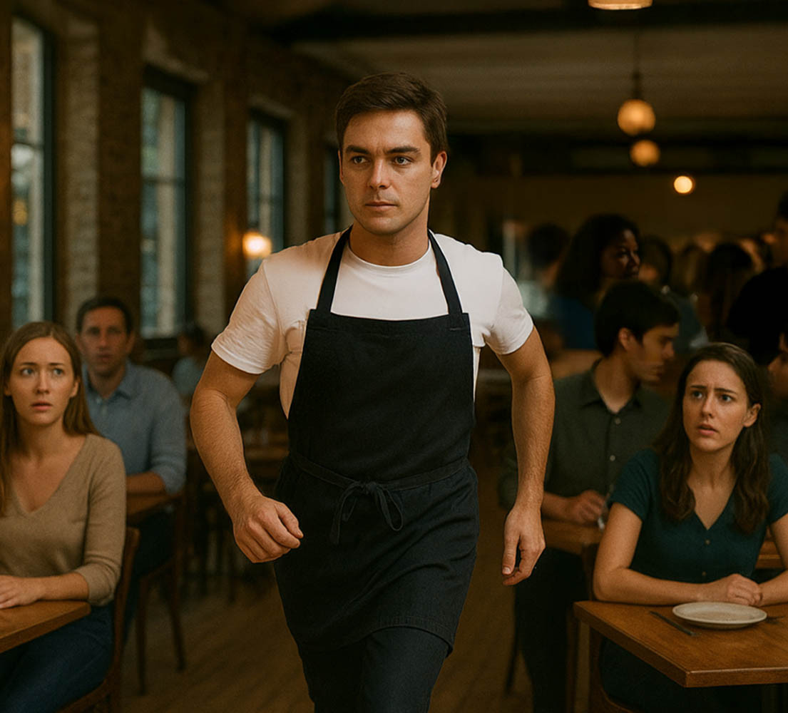 a restaurant worker is walking confidently through a restaurant while nervous patrons look to him for guidance
